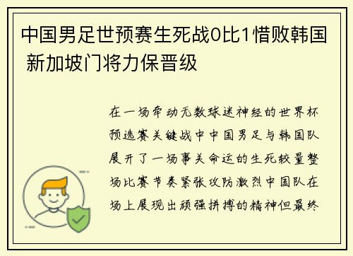 中国男足世预赛生死战0比1惜败韩国 新加坡门将力保晋级